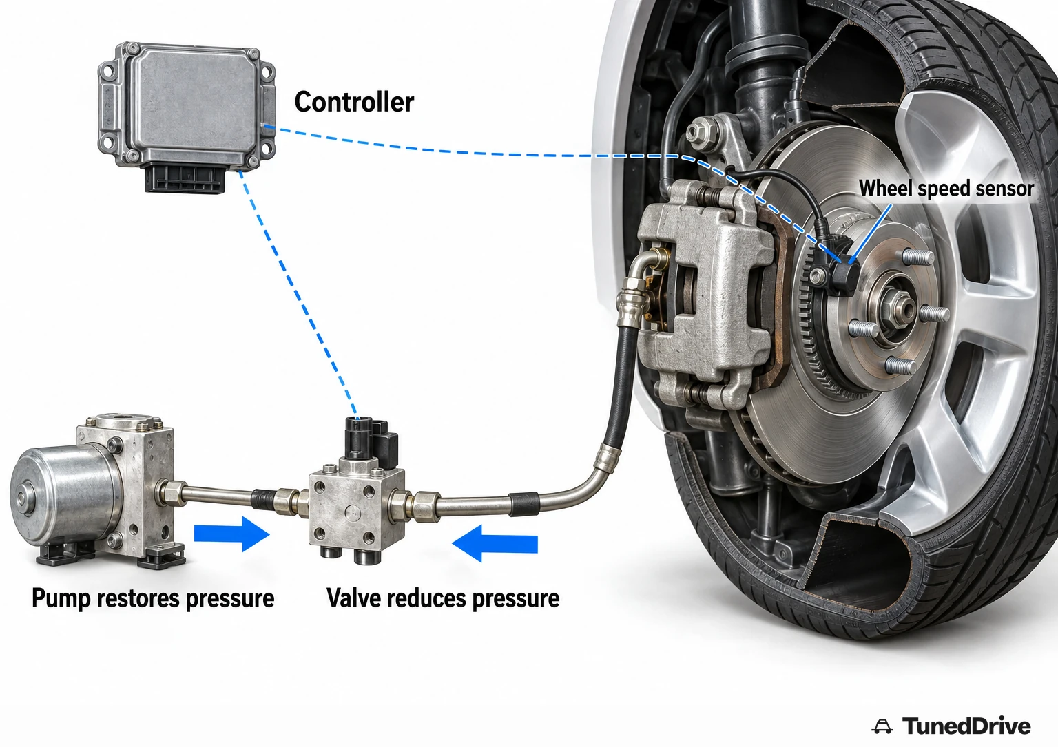 Cutaway of one wheel-end on a parked car: wheel speed sensor signals a controller that drives a valve and pump on the brake line.