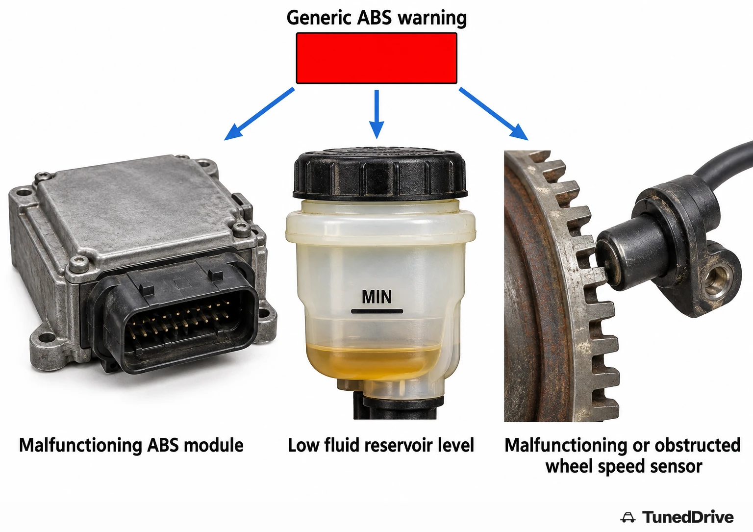 Generic ABS warning indicator with three arrows pointing to a module, a brake fluid reservoir filled below MIN, and a wheel speed sensor at a tone ring.