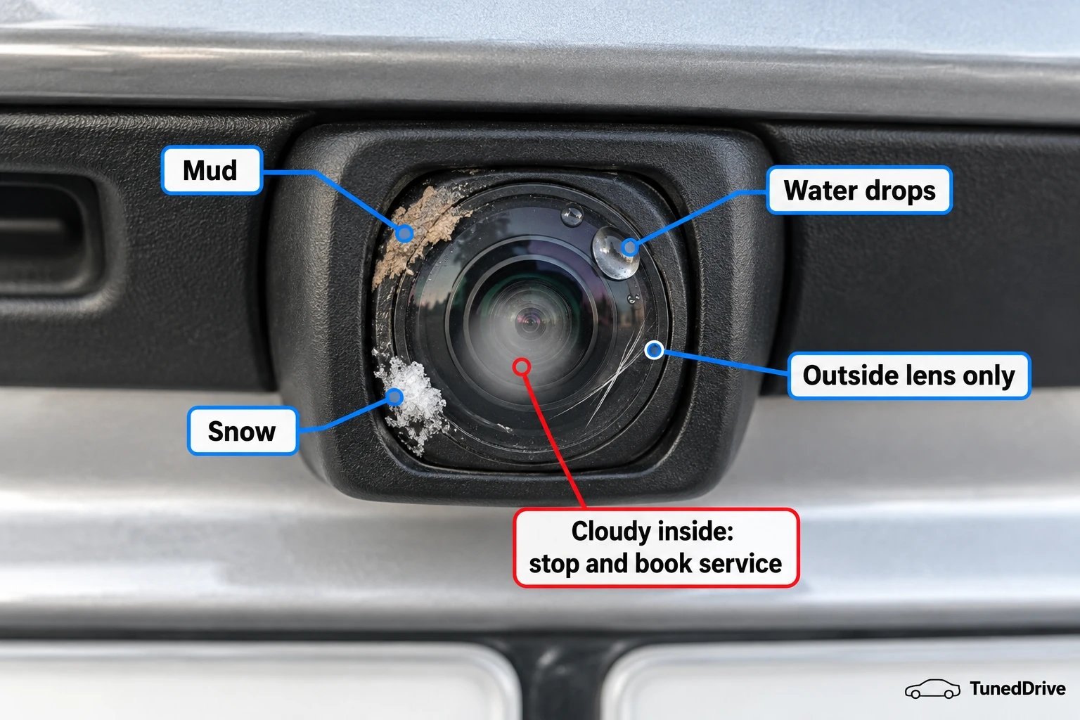Rear camera lens marked with mud, water drops, snow, outer lens surface and cloudiness inside the housing.