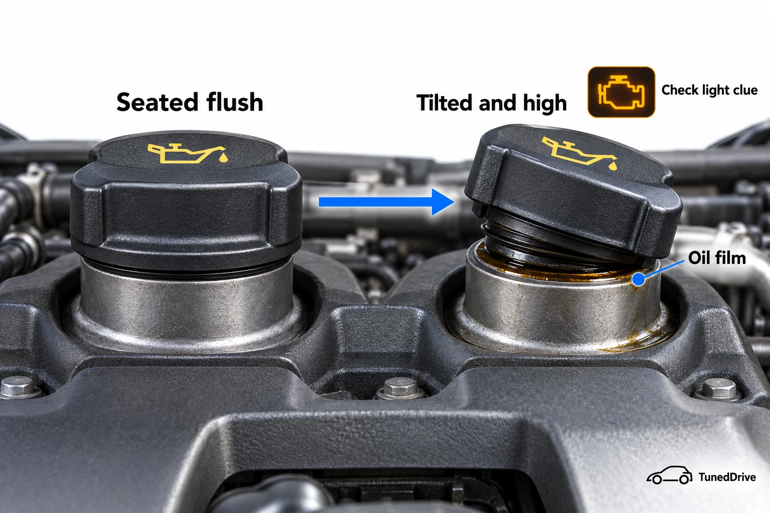 A seated oil filler cap beside one tilted off its seat, with oil below.