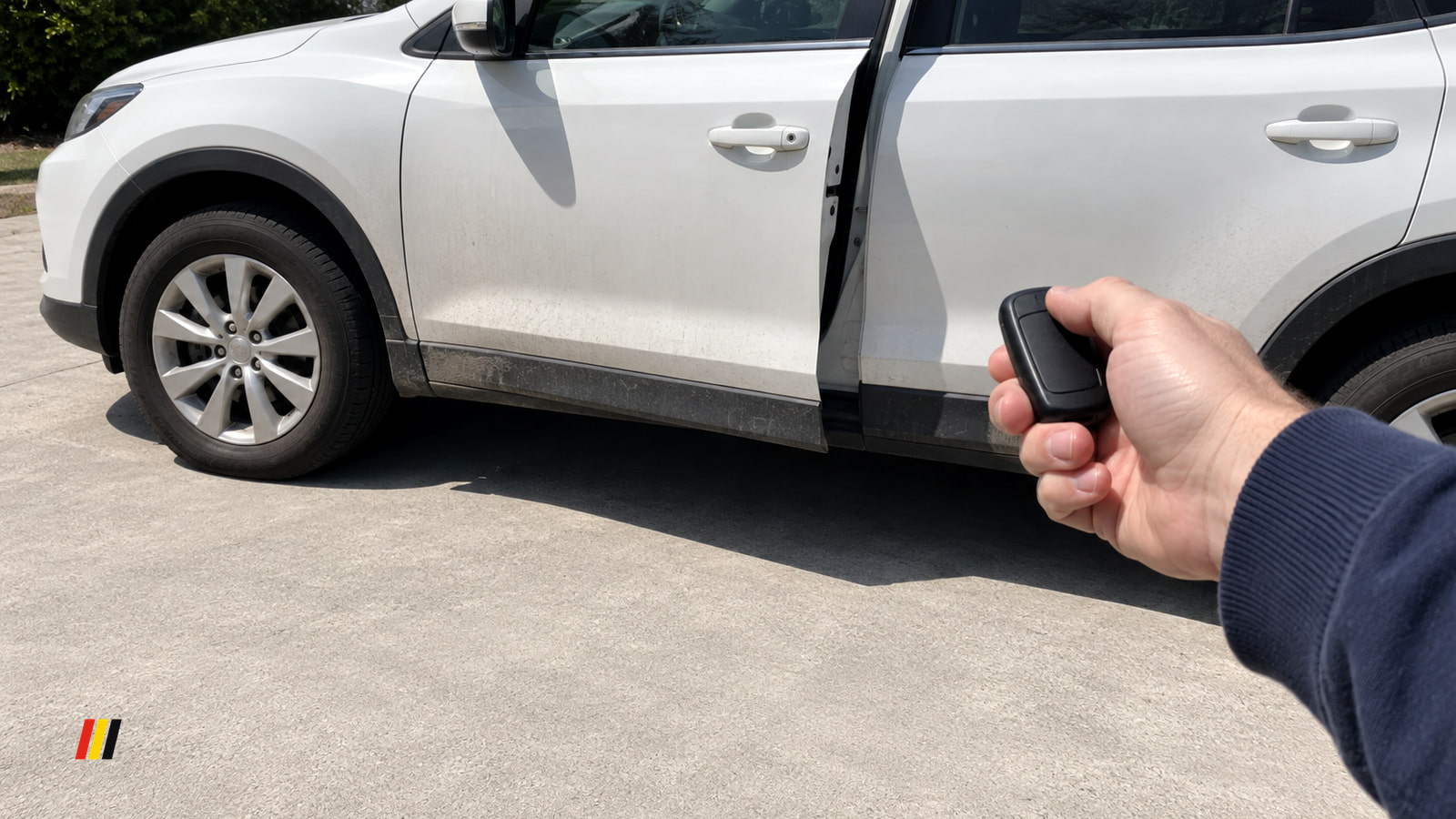 A hand holds a black key fob toward a white crossover whose driver's door is slightly ajar, parked on a sunny concrete driveway.