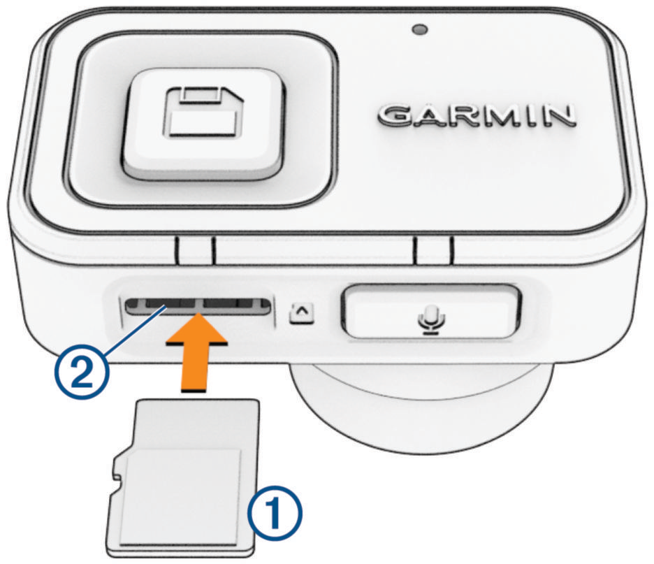 Garmin Dash Cam Mini 3 memory card installation diagram labeling the card 1 and slot 2, with an insertion arrow.