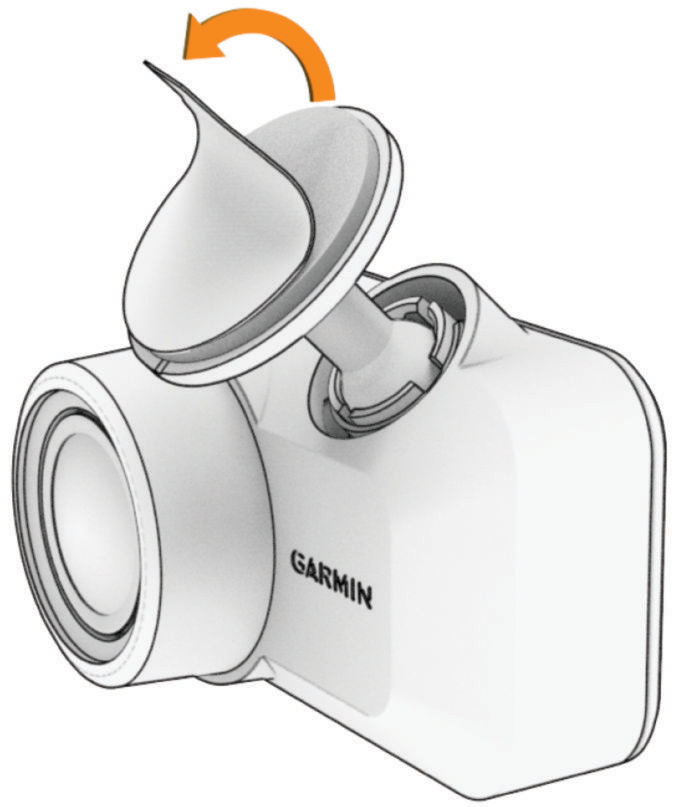 Garmin Dash Cam Mini 3 mount illustration with an orange arrow showing the protective adhesive film peeling away.