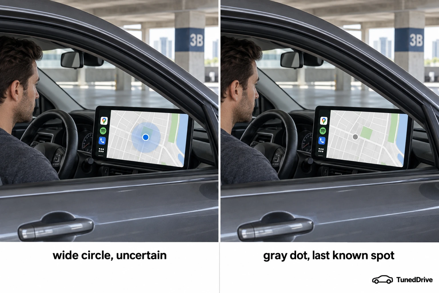Two separate parked-car map panels. Left: a blue dot with a wide pale circle. Right: a gray dot with no circle marking the last known spot.