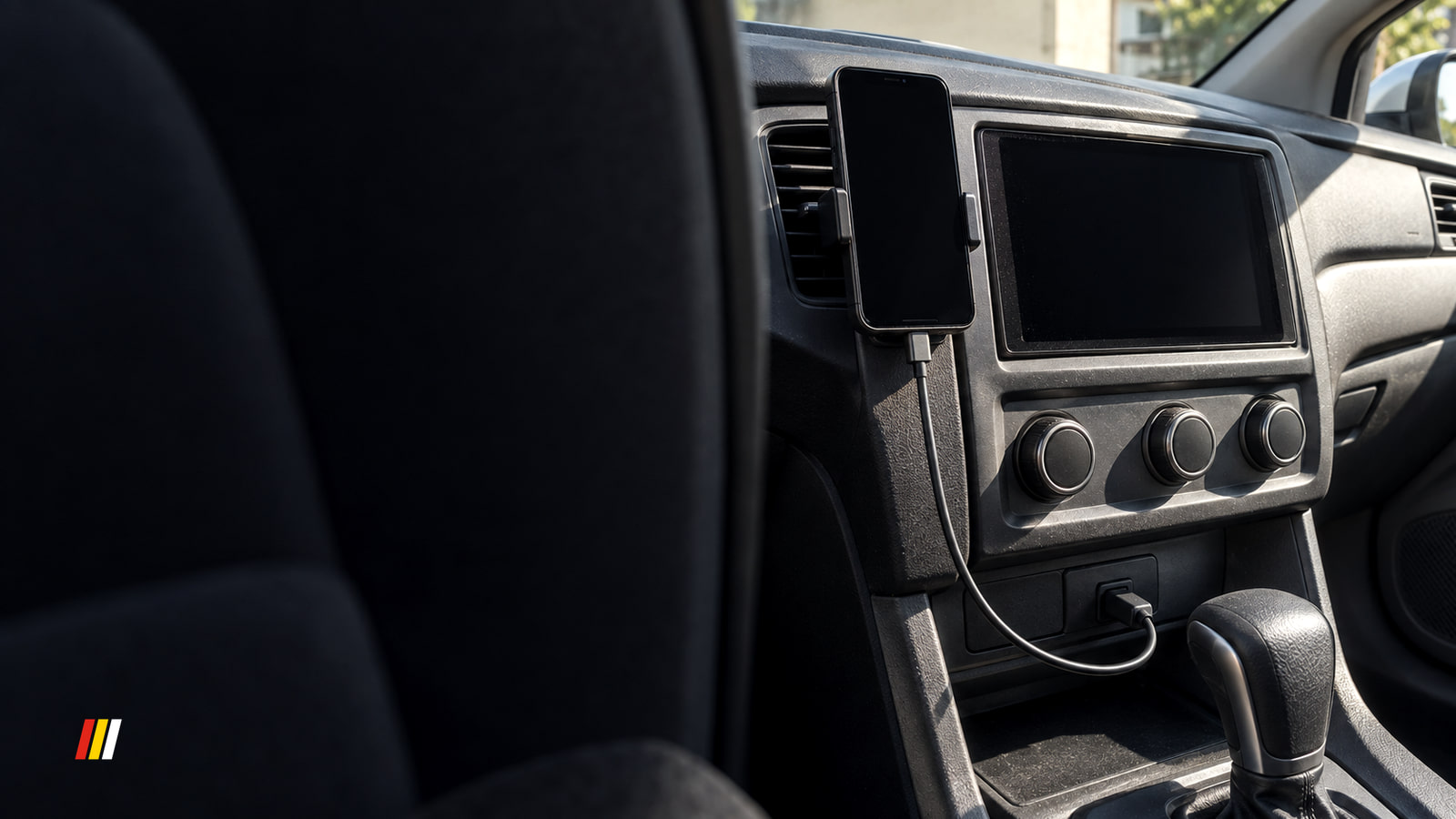 A phone with a dark screen is mounted beside a dark dashboard display, with a cable running down to a port inside a sunlit car.