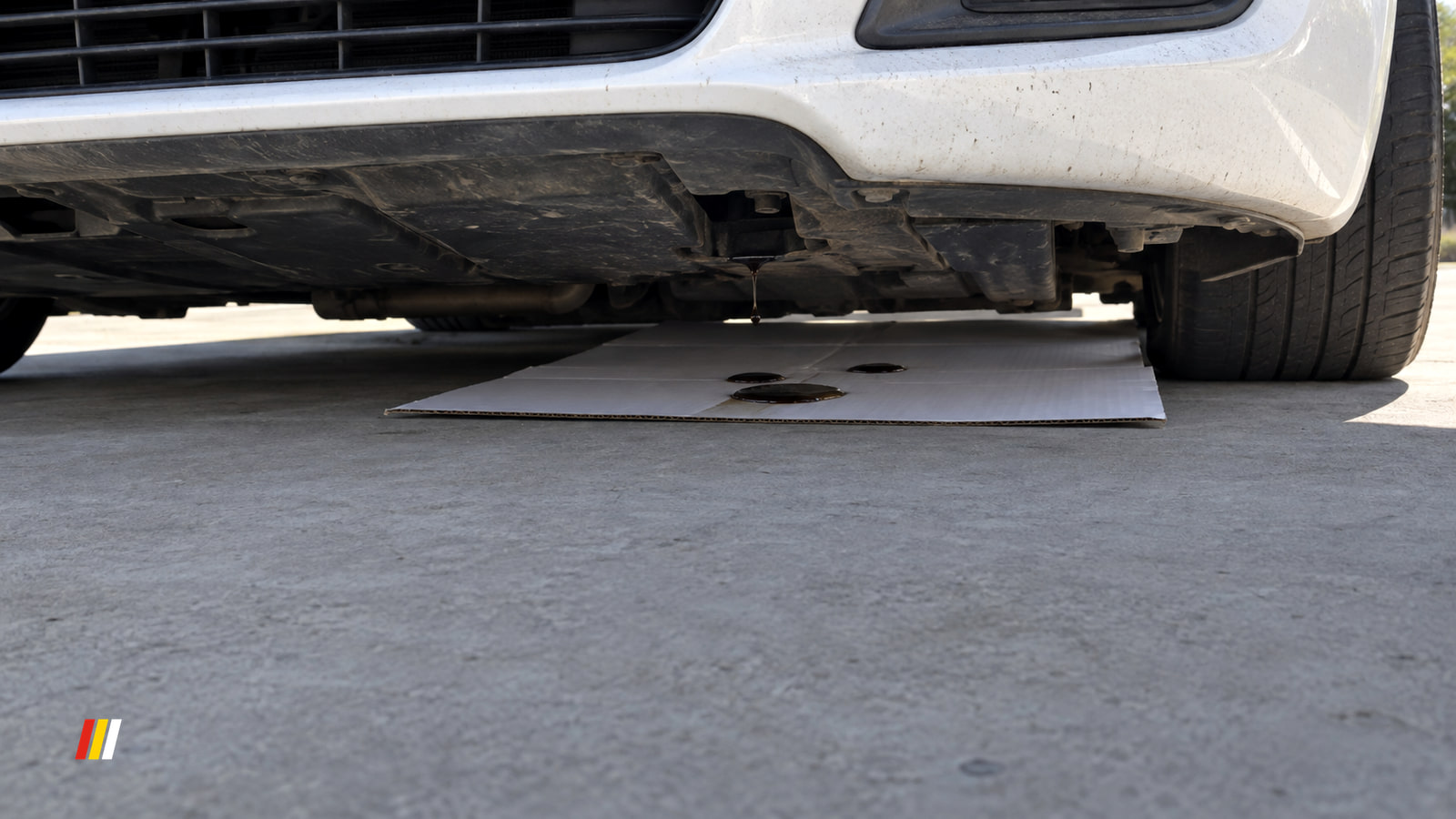 White cardboard with dark oil spots on concrete under the front bumper of a white hatchback, a drip hanging from the undertray, hard midday sun.
