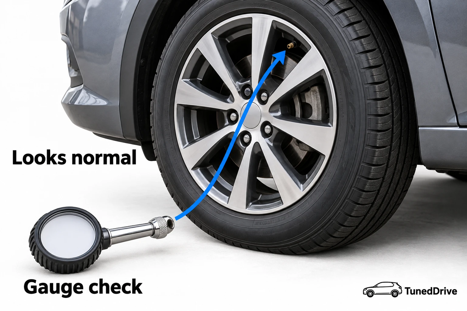 Side view of a parked car tire that looks normally inflated, with a tire pressure gauge beside it pointing to the valve stem.