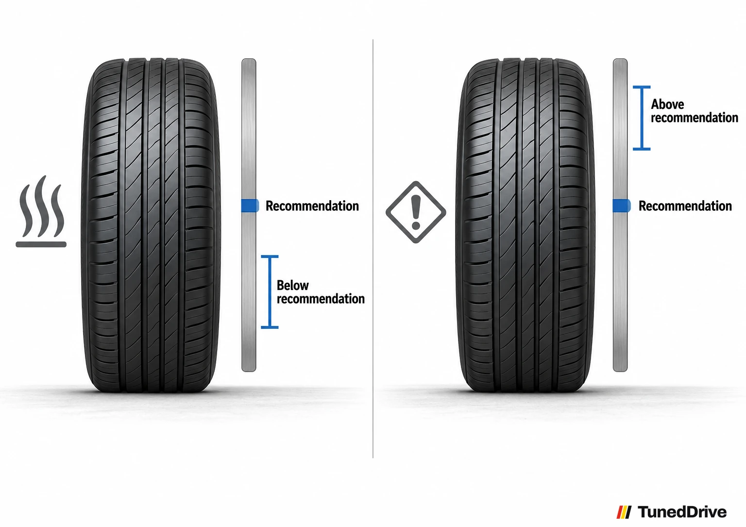 Two same-view parked tires, each with its own center reference bar, one mark below and one above the recommendation with a plain warning symbol.
