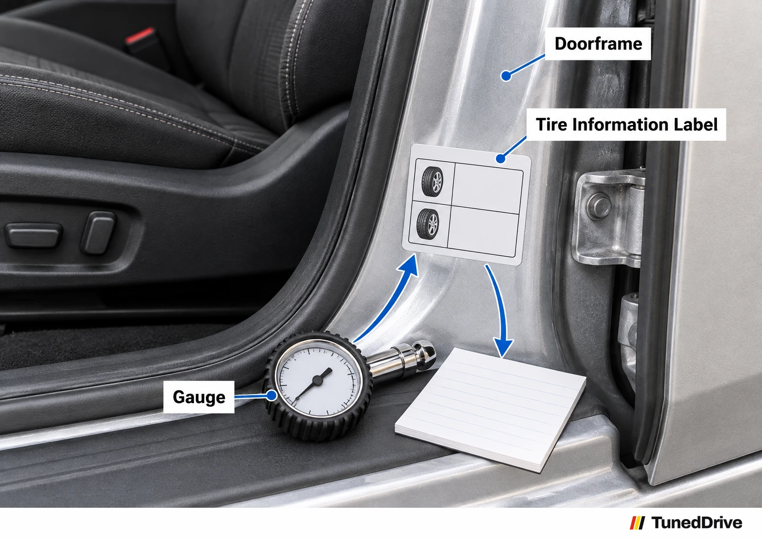 Open door on a parked car showing the doorframe Tire Information Label with front and rear rows and a gauge on the sill.