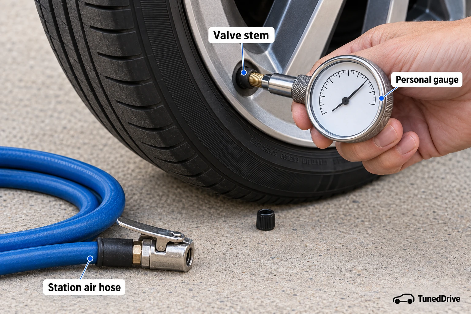 Close-up of a handheld dial pressure gauge pressed onto a parked tire's valve stem, with a station air hose lying coiled on the pavement nearby.