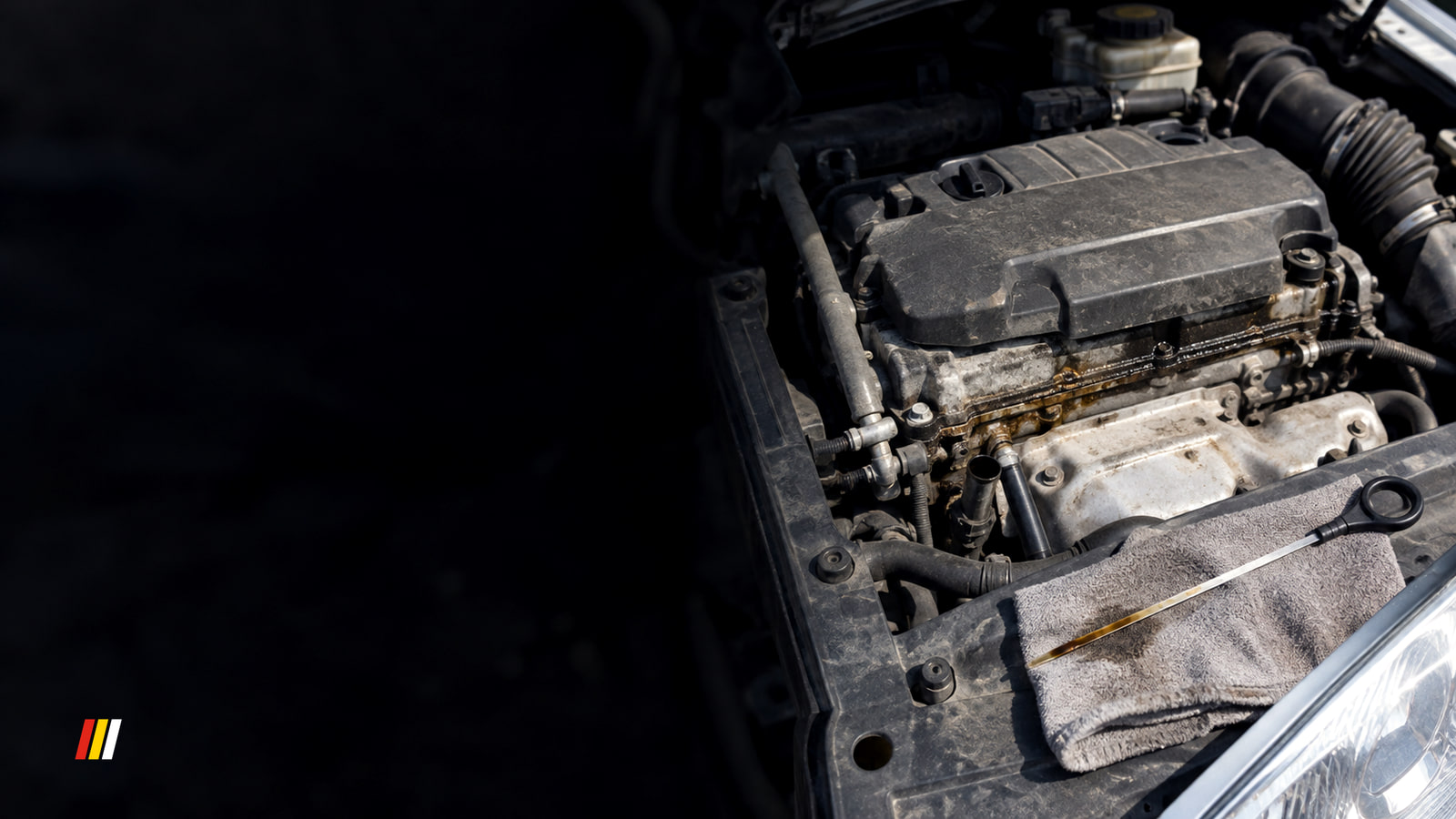Wet oil streak down the side of a car engine under a raised bonnet, with an oily dipstick on a grey cloth beside it in hard midday sun.