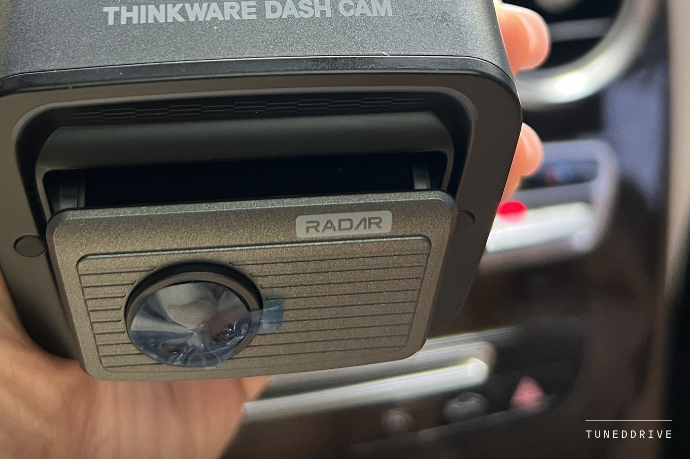 The back of the camera showing the radar module with its lens and the word RADAR printed on the housing