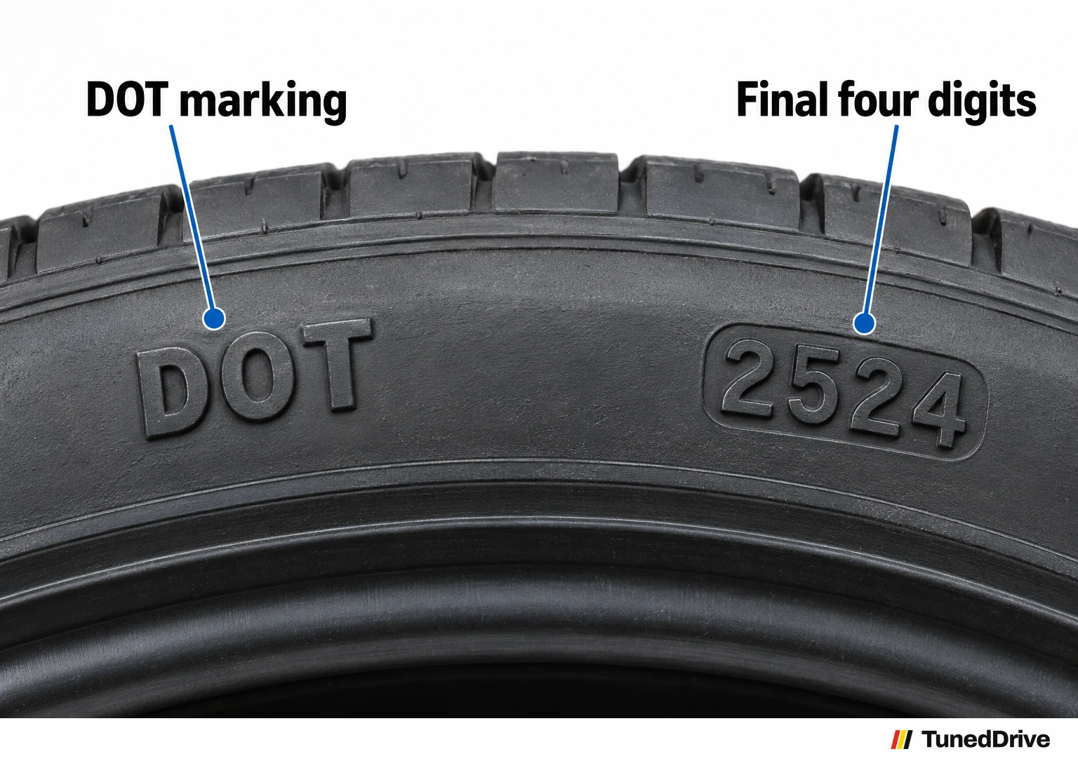 Close-up of a tire sidewall: a leader marks the DOT letters at left; a second marks the final four molded digits.