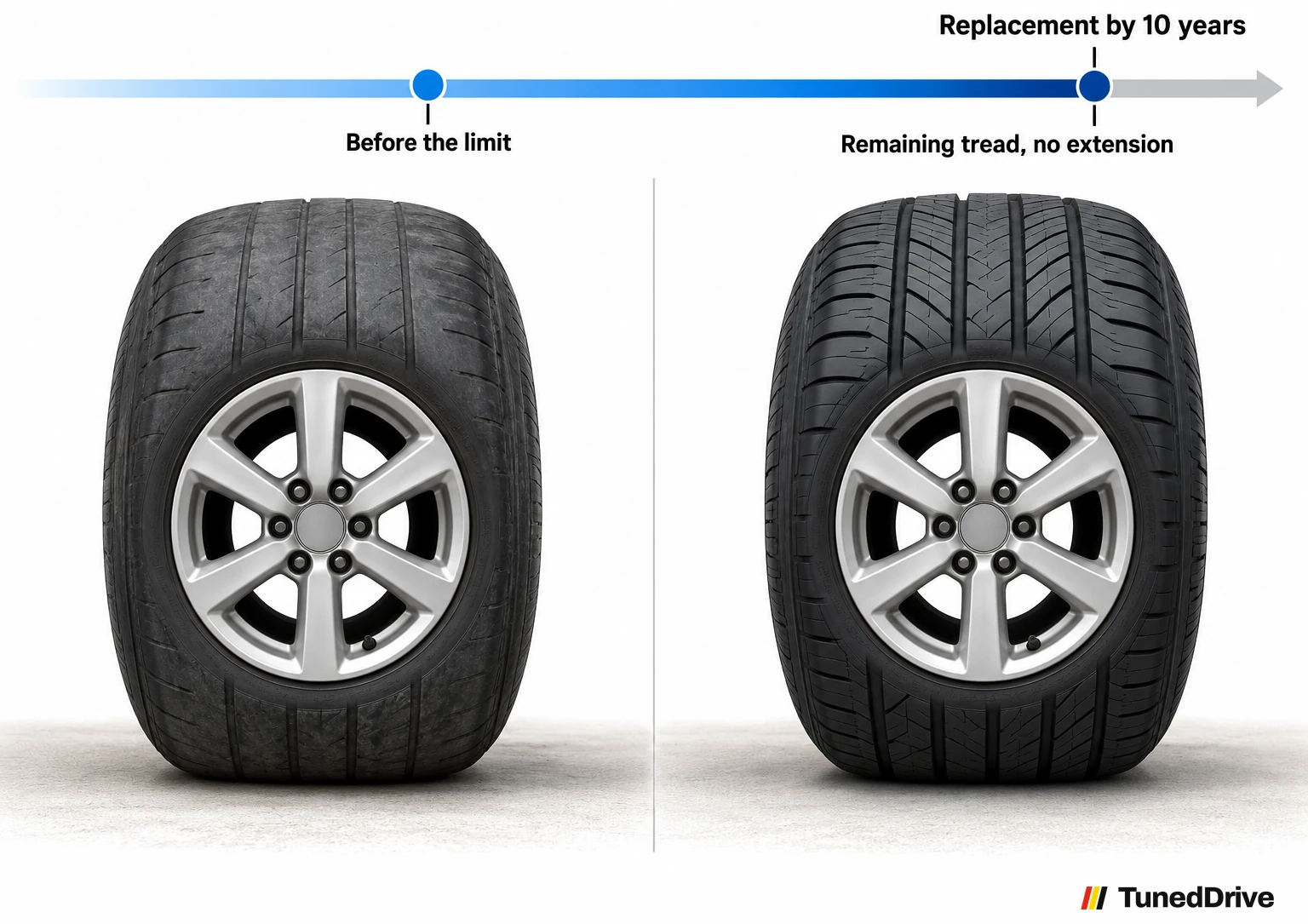 Two same-view parked tires, one worn and one with deep tread, both marked against a single age bar whose tick reads replacement by 10 years with no extension.