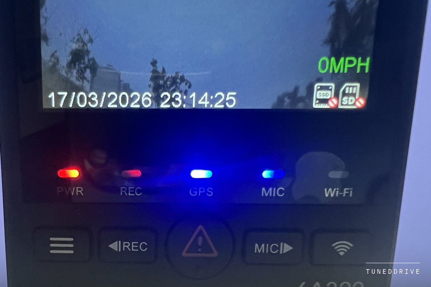 The A329S front unit's status lights, labelled PWR, REC, GPS, MIC and Wi-Fi, above its row of buttons, with the MIC light glowing blue