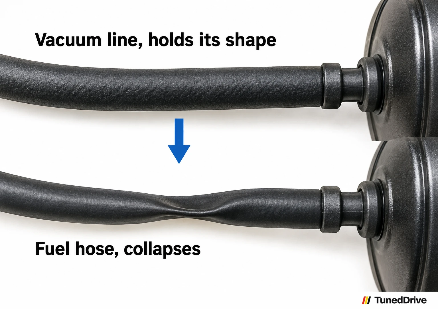 Two vacuum line segments side by side: a correct thick-walled vacuum line holds its shape, while a fuel hose fitted in its place collapses flat.