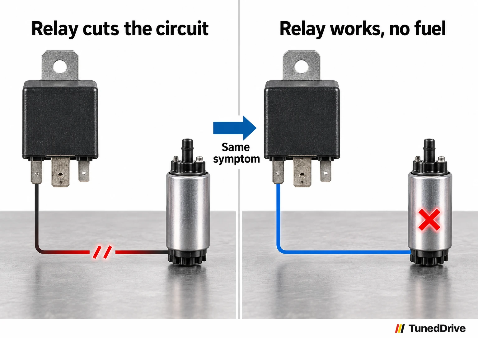 Two panels with the same relay: one with a broken circuit path to the fuel pump, one with an intact path but a fault at the pump.