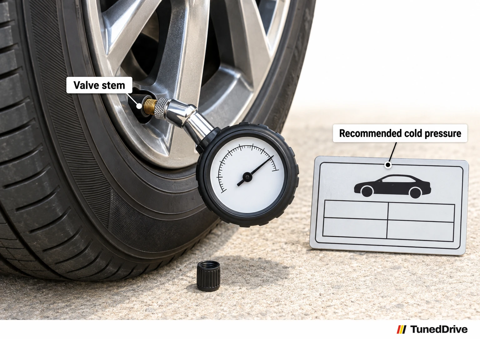 A handheld gauge seated on a parked tire's valve stem, with a blank tire information placard beside it for comparison.
