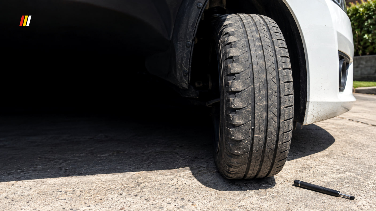 The turned front tire of a white hatchback showing scooped, uneven tread patches, with a black pressure gauge beside it in hard midday sun.