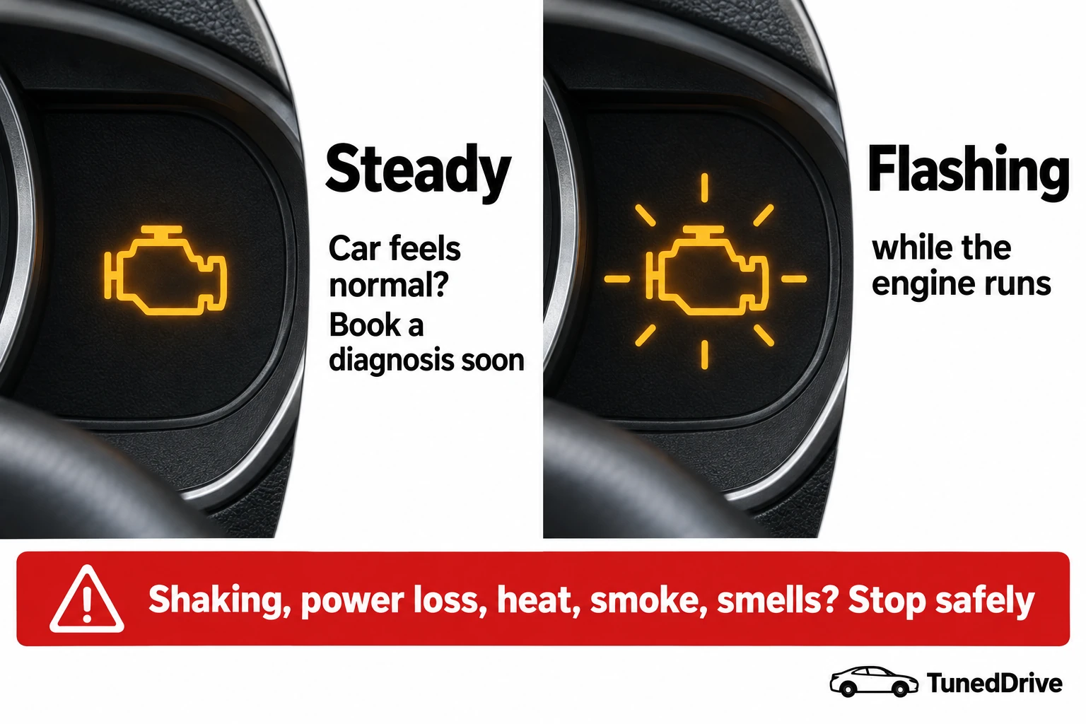 Split instrument-cluster view of the same engine warning symbol: steady on the left, flashing while the engine runs on the right, with a shared warning band.