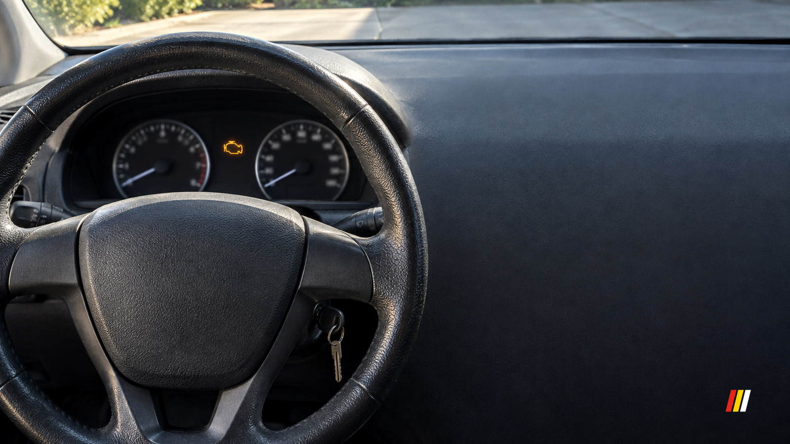 An amber check engine light glows between two dashboard gauges behind the steering wheel, with sunlit pavement visible through the windshield.