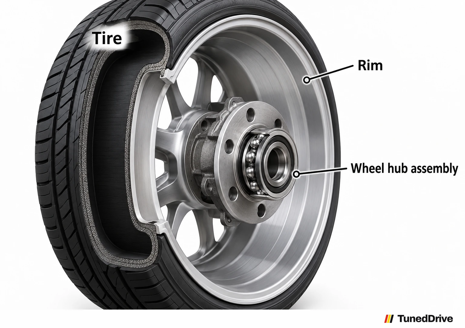 Labelled cutaway showing a tire outermost, the rim it mounts over, and the wheel hub assembly inward at the wheel's attachment point.