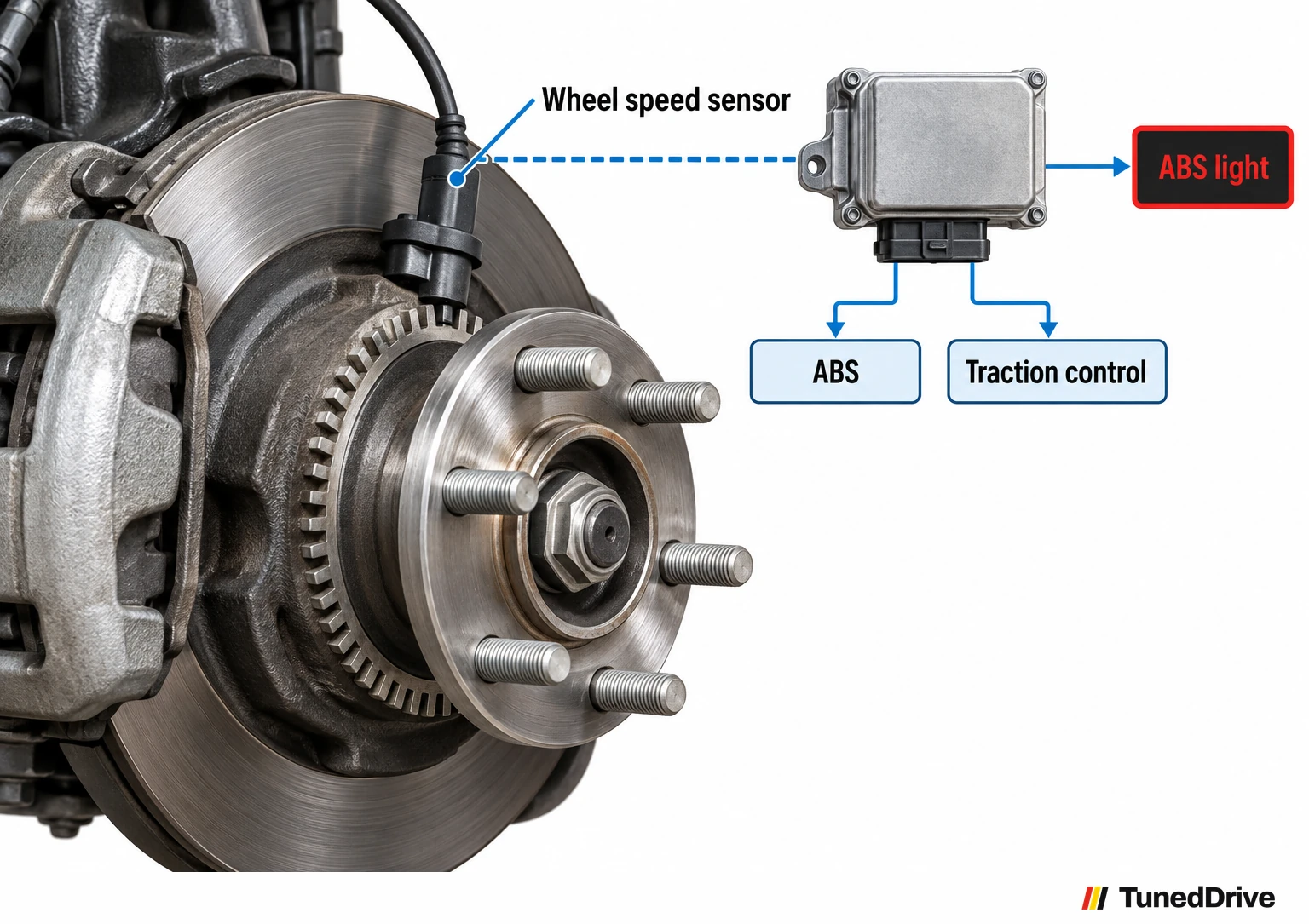 Close-up of a hub wheel speed sensor at a tone ring, dashed line to an ABS control box feeding ABS and traction control.