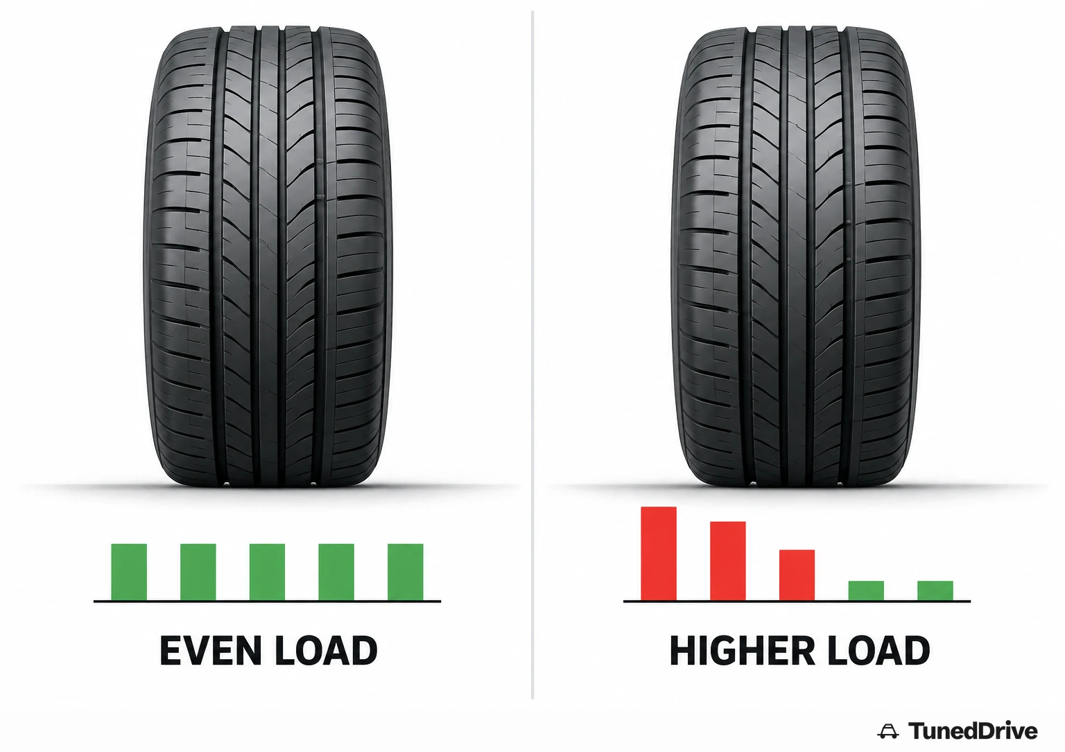 Two same-view parked tires compared below the tread: one with equal-height green load bars spread evenly, one with taller red bars clustered at the inner side.
