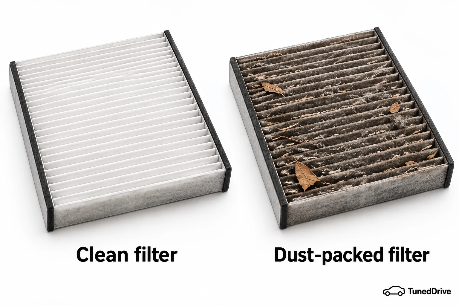 A clean pleated cabin air filter beside a matching dust-packed filter.