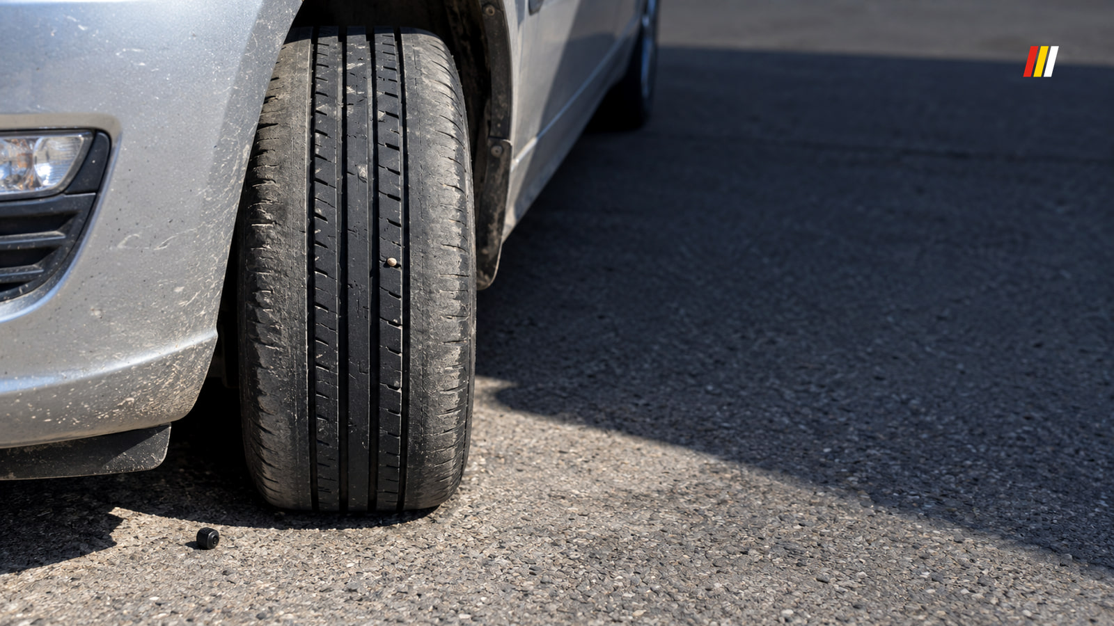 Tread of a silver car's front tyre with deep centre grooves and smooth worn shoulders, valve cap on the asphalt beside it, in hard midday sun.