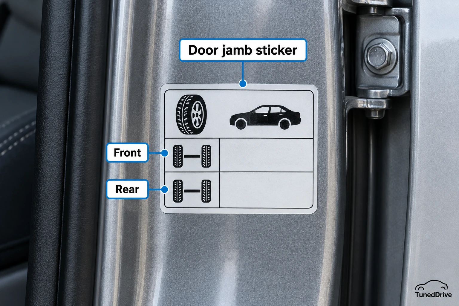 A door-jamb tire label showing separate front and rear pressure rows.