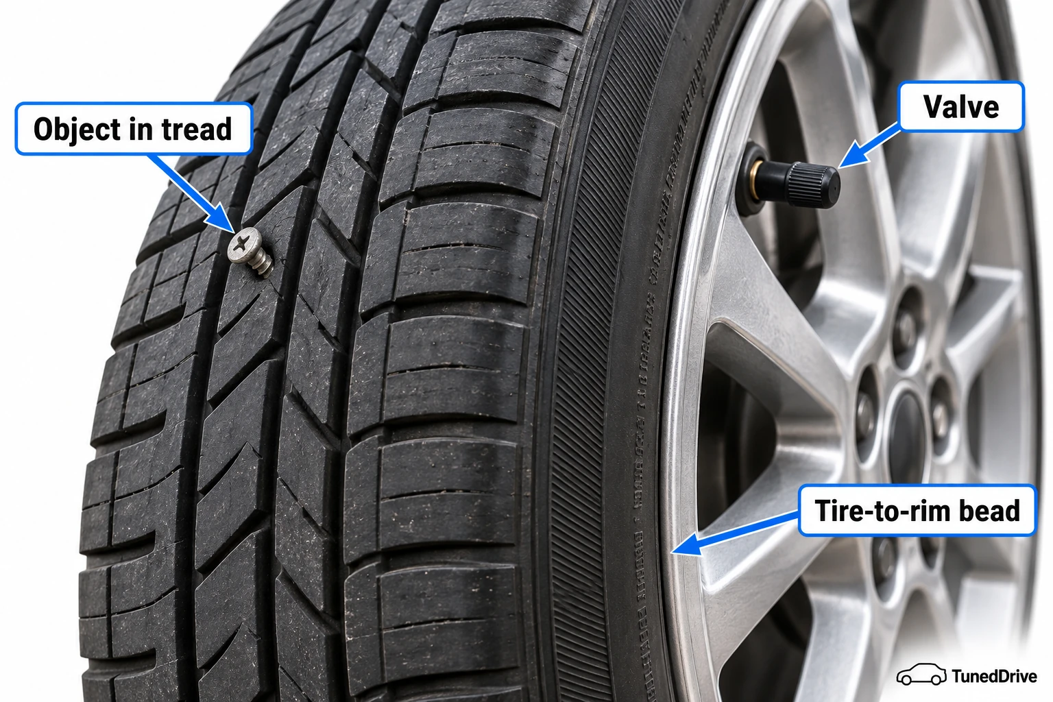 A screw in a tire tread, with the valve stem and tire-to-rim seal labeled.