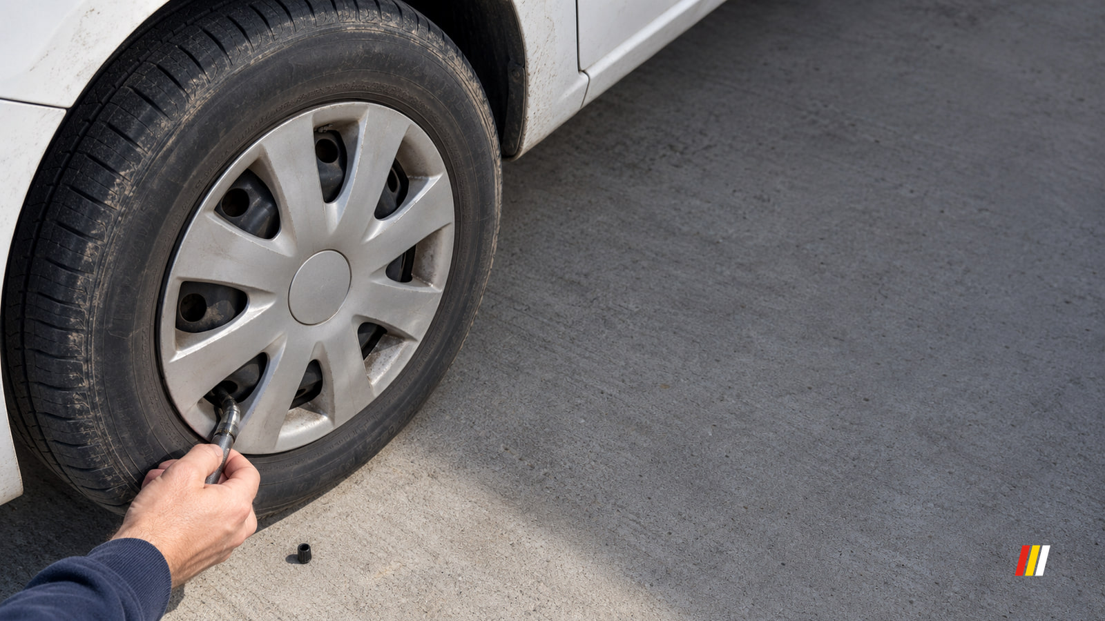A hand holds a metal tool against the valve of a tire on a white car, with the wheel and pavement in bright sunlight.