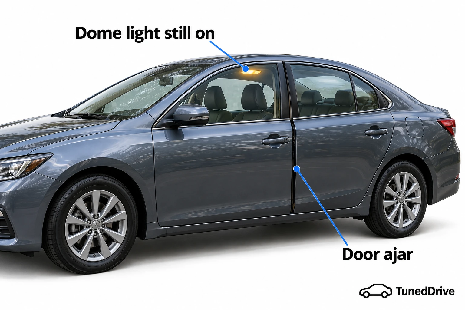 Parked car with a cabin light glowing through the window and a rear door slightly open.