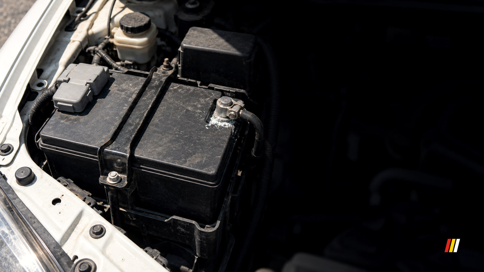 A dusty black car battery sits in an engine bay with white residue around one terminal, sunlight on the left, and deep shadow on the right.