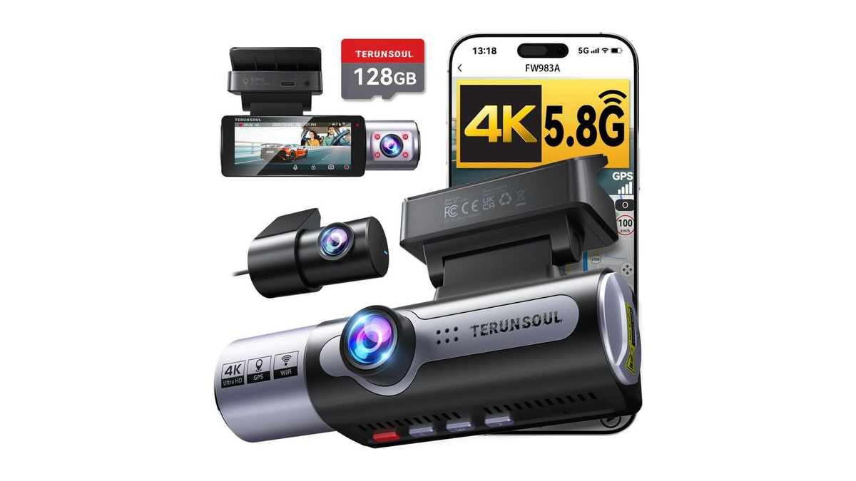 4K Dash Cam Front and Rear, Full HD 3 Channel Dashcam, Free 128GB Card