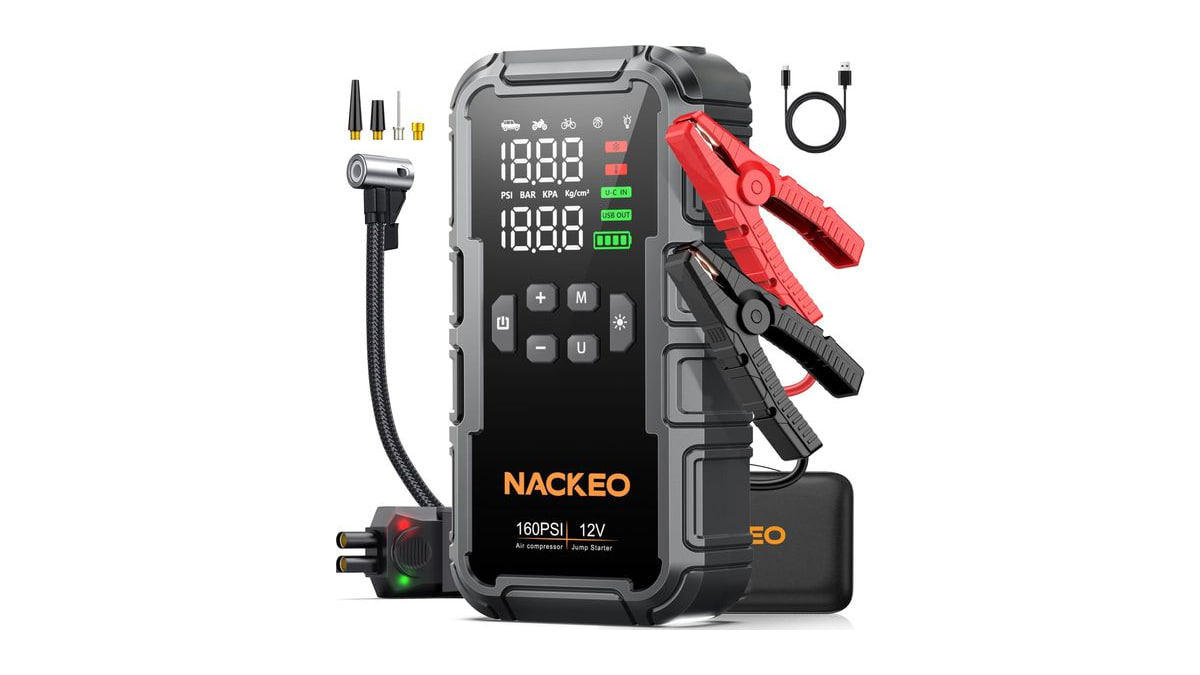 8000A Car Battery Jump Starter with Air Compressor 160PSI, Car Jumper Starter Portable (All Gas 12L Diesel), 12V Jump Box Car Battery with 600LM Light