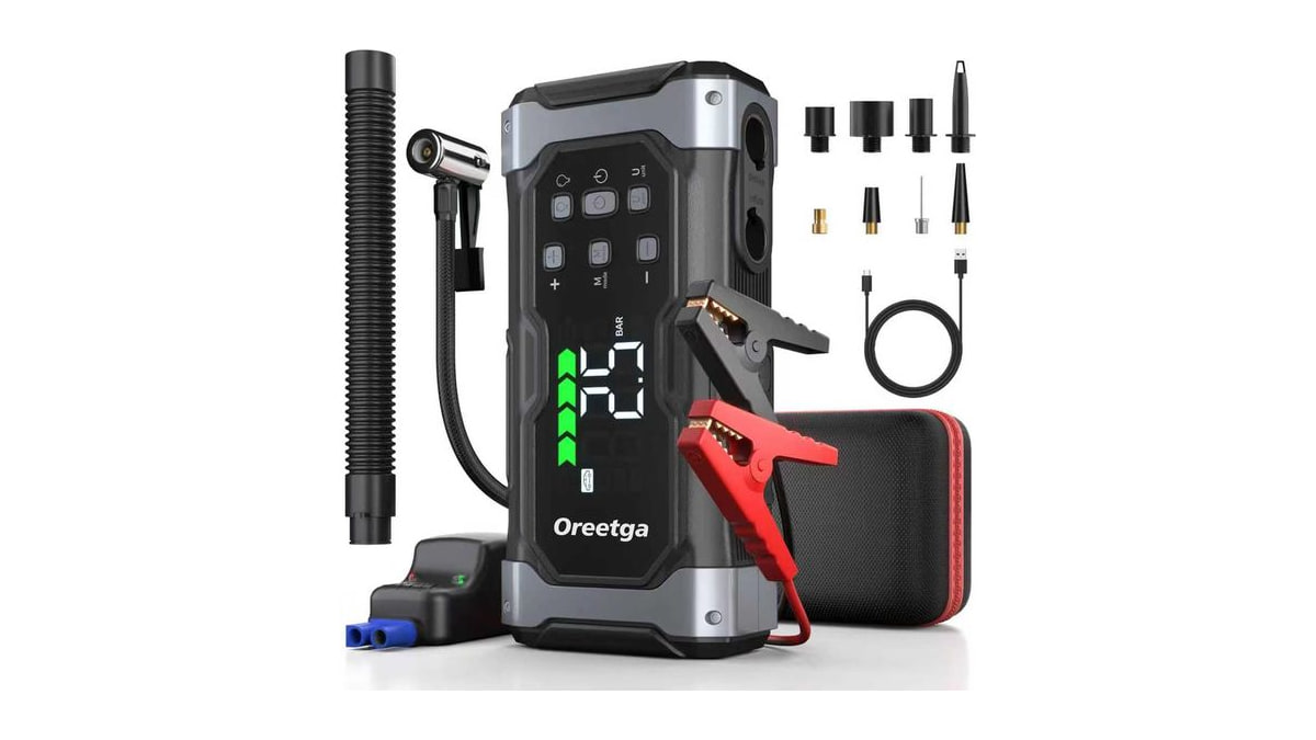 Upgraded 9000A Car Jump Starter with Air Inflator/Deflator Compressor, 9 in 1 Portable Jumper Box Power Pack Charger (All Gas/14L Diesel) Combo Cordle