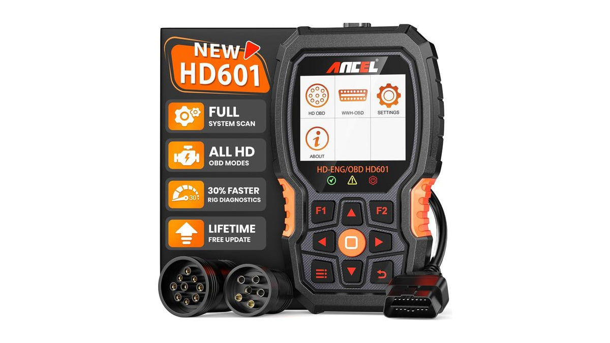 ANCEL New HD601 Heavy Duty Truck Scanner, Diesel Full System Diagnostic Scan Tool Fits for Cummins, Detroit, Volvo, Paccar & Caterpillar, 2 in 1 HDOBD