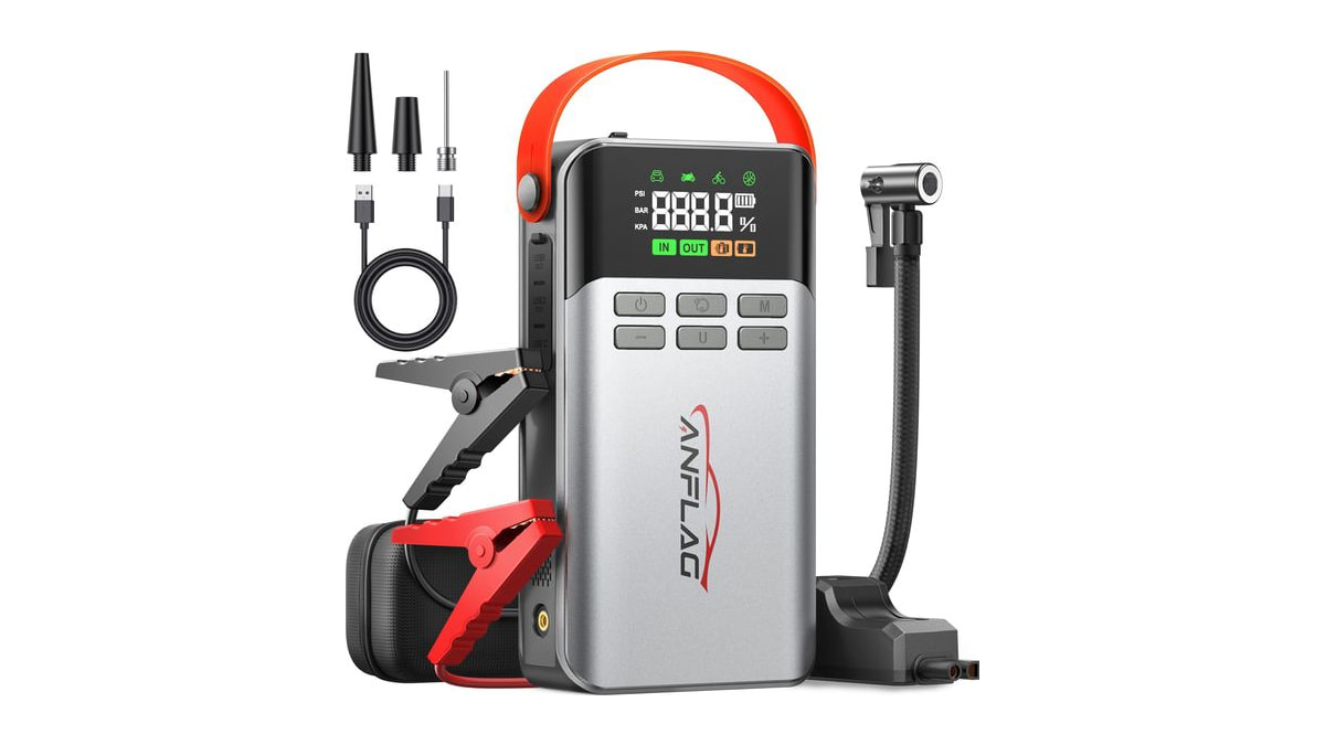 ANFLAG 8-in-1 Car Jump Starter with Air Compressor - 6000A Peak, 150PSI Tire Inflator, 12V Portable Power Bank, LCD Display, and LED Flashlight for Al