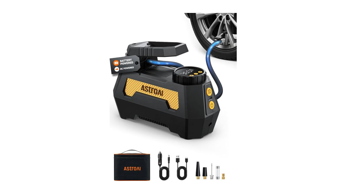 AstroAI H2 Pro Tire Inflator Portable Air Compressor DC 12V/Battery Dual Power Supplies Cordless Tire Inflator Fast Inflation Air Pump for Car Tires M
