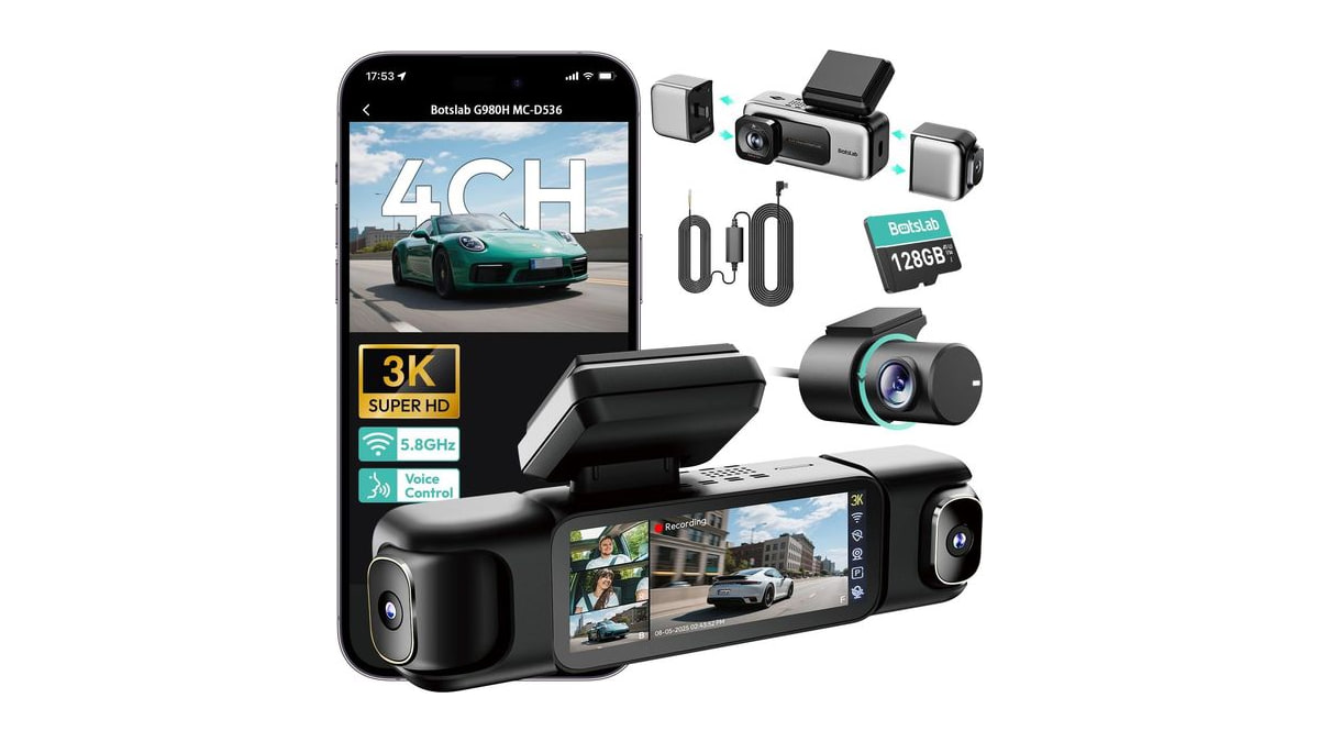 BOTSLAB 4 Channel 360° Dash Cam with Hardwire Kit, 128GB Card,Voice Control