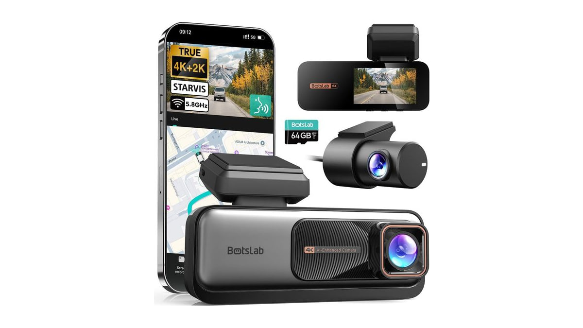 BOTSLAB G980H 4K STARVIS Dash Cam Front and Rear, 64GB Card, Voice Control