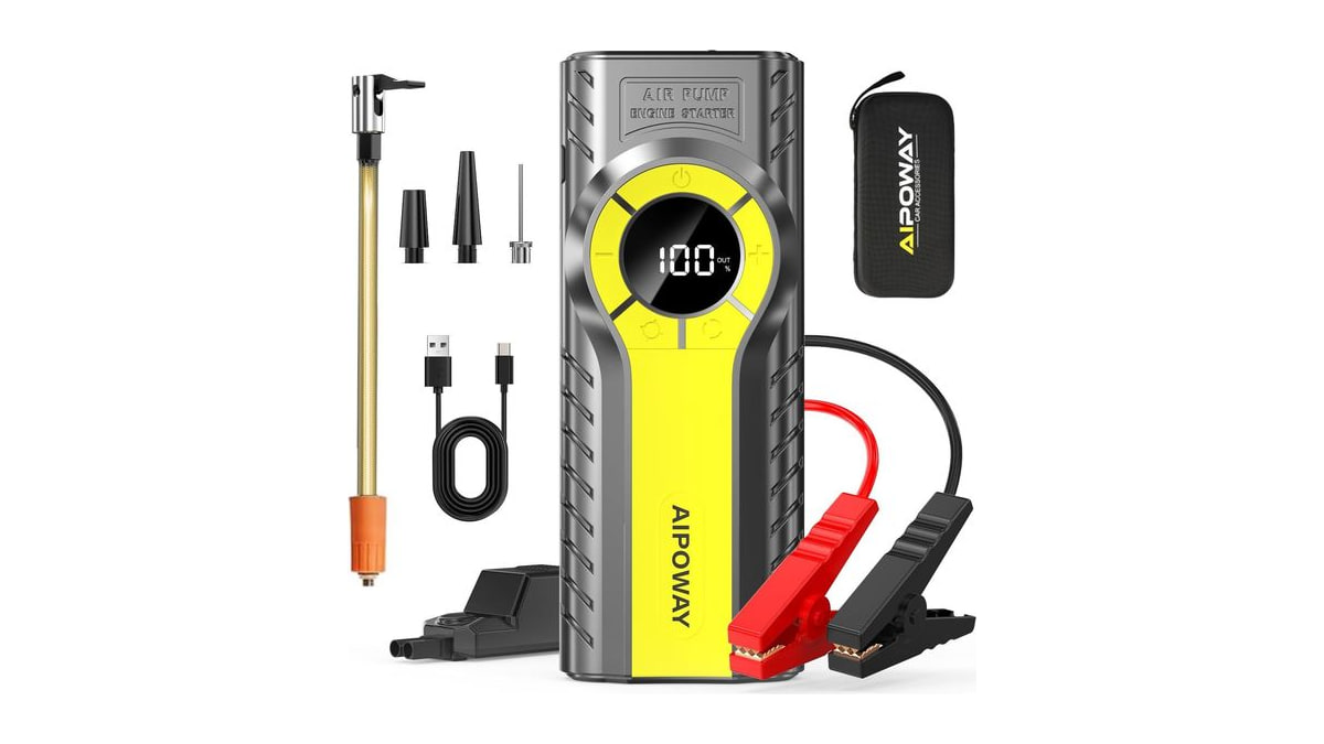 Car Jump Starter with Air Compressor,6000A Jump Starter Battery Pack (All Gas/12.0L Diesel) 12V 120PSI Auto Battery Booster,Jumper Cables with LED,Por