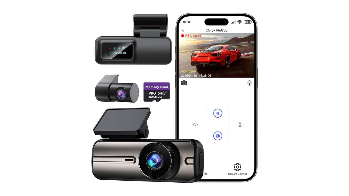 Dash Cam Front and Rear 4K+1080P, 5GHz WiFi, App Control, with 64GB Card