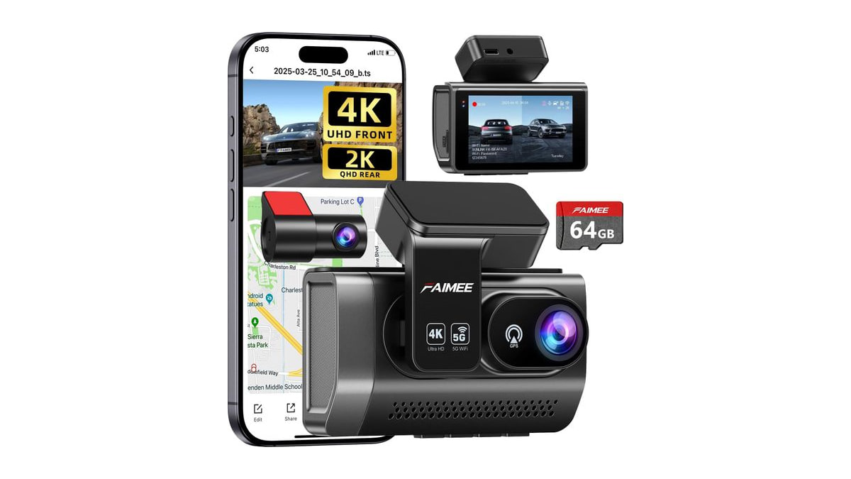 FAIMEE 4K Dash Cam Front and Rear, Night Vision, WDR, Free Card Included
