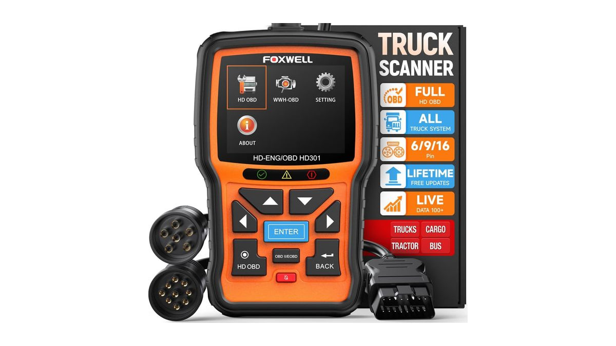 FOXWELL HD301 Heavy Duty Truck Scanner, Full System Diesel Scan Tool with 6/9/16 Pin, 2 in 1 Code Reader for Trucks & Car Engine, Diesel Diagnostic To