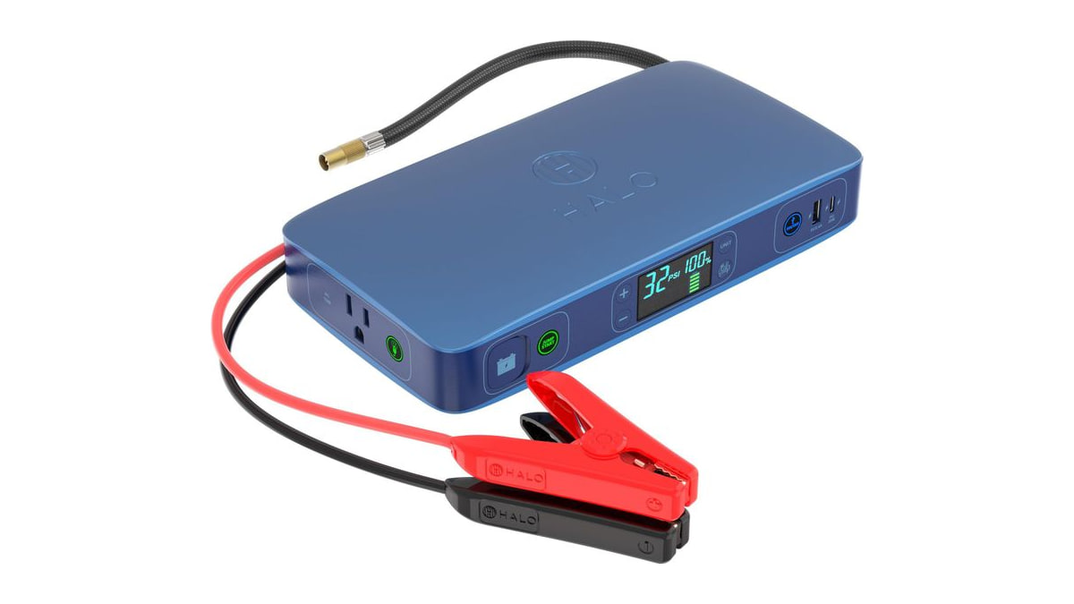 HALO Bolt Ultimate 2 Portable Car Battery Jump Starter | 130 PSI Air Compressor, 55.5Wh USB Power Bank with AC Outlet, Emergency Floodlight & Charger,