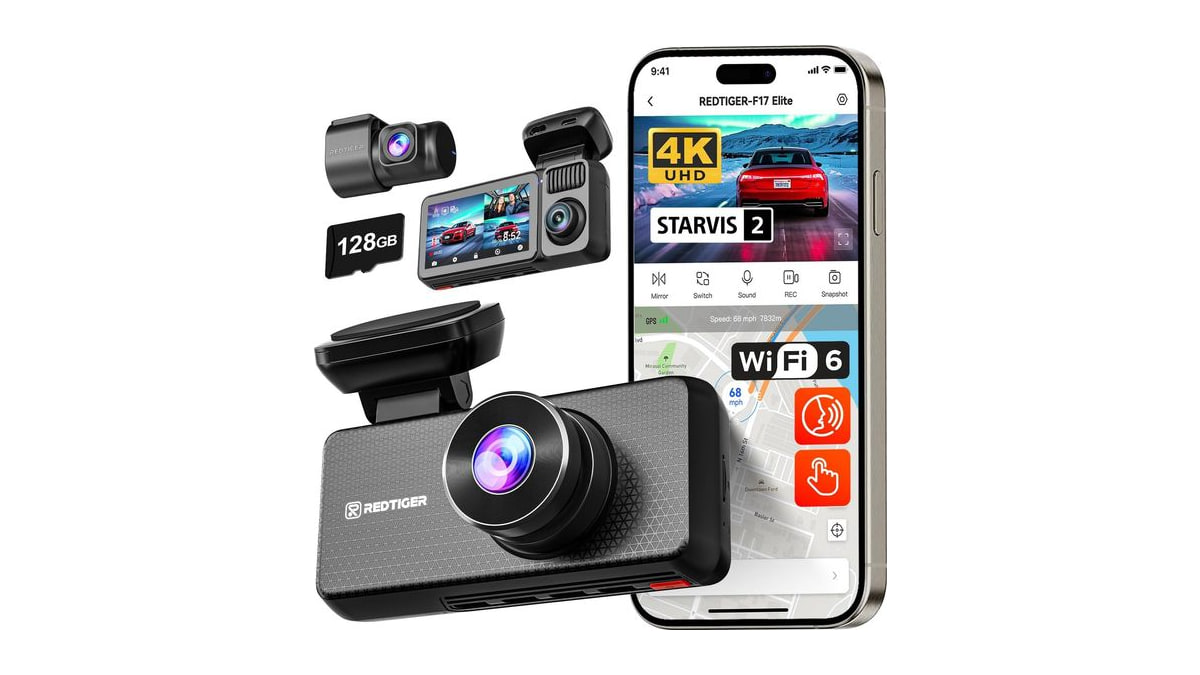 REDTIGER F17 Elite 4K Dash Cam 3 Channel, STARVIS 2 IMX678 & IMX675, 128GB Card, Full Night Color, 4K+2.5K+1080P Front and Rear Inside, Voice Control,