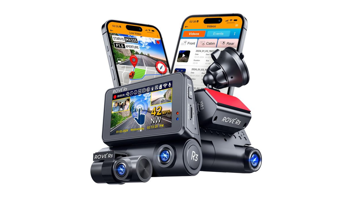 ROVE R3 3 Channel Dash Cam Front and Rear with Cabin, 3in IPS Touch Screen